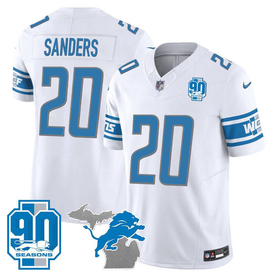 Men Detroit Lions 20 Sanders White 2024 Nike 90th Year Michigan Patch Vapor NFL Jersey